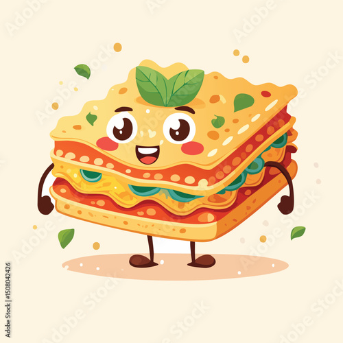 Lasagna in cute cartoon character style with expressive face and limbs.