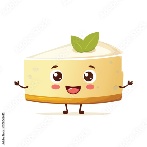 Cheesecake in cute cartoon character style with expressive face and limbs.