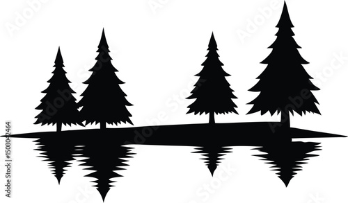 Silhouette of several coniferous trees on an island with reflections in the water