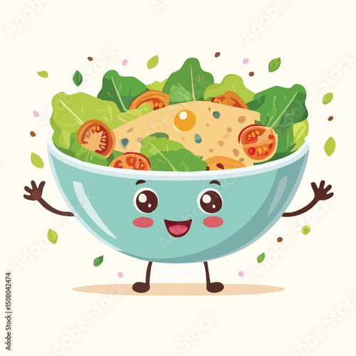 Caesar Salad in cute cartoon character style with expressive face and limbs.