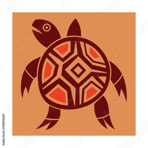 Artistic illustration of a stylized turtle design in earthy brown and orange color tones