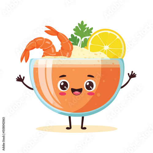 Shrimp Cocktail in cute cartoon character style with expressive face and limbs.