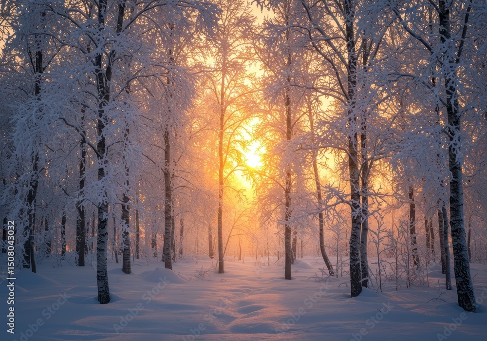 Snow covered trees in a winter forest with golden sunlight shining through Snow covered trees in a winter forest with golden sunlight shining through