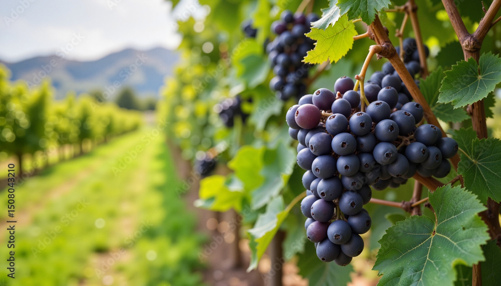 Obraz premium Grapes growing on vines in vineyard under sunny sky