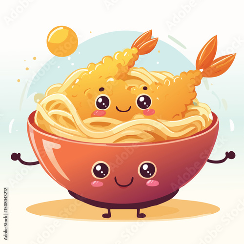 Tempura Udon in cute cartoon character style with expressive face and limbs.