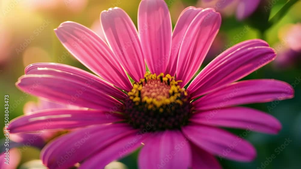 Vibrant pink daisy blooms in sunlight, showcasing delicate petals and striking colors, Closeup of vibrant pink daisy in sunlight Vibrant pink daisy blooms in sunlight, showcasing delicate petals and striking colors, Closeup of vibrant pink daisy in sunlight