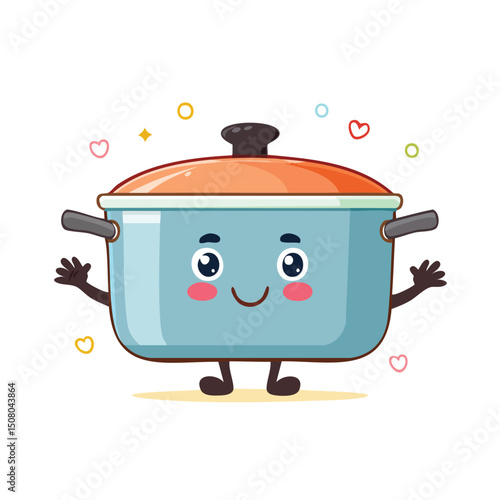saucepan in cute cartoon character style with expressive face and limbs.