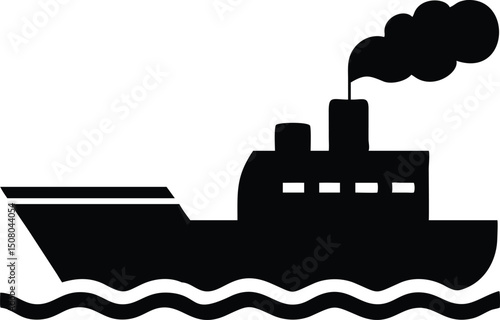 Silhouette steamship emits dark smoke while sailing peacefully over rippling sea waters