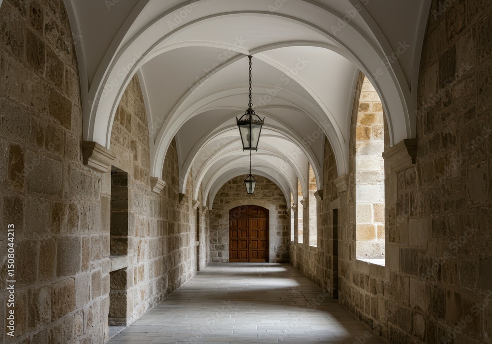 Long stone hallway with arched ceiling and wooden door at the end Long stone hallway with arched ceiling and wooden door at the end