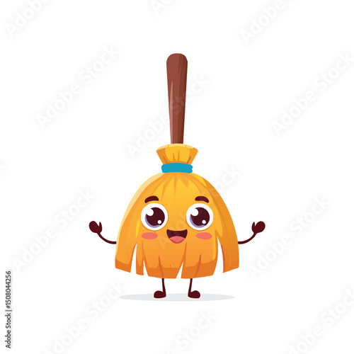 broom in cute cartoon character style with expressive face and limbs.