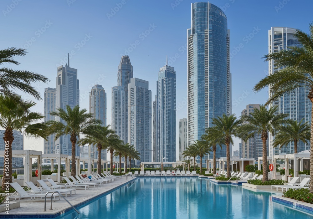 Obraz premium Swimming pool with palm trees and skyscrapers in Dubai city