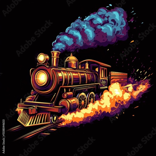 a glowing steam locomotive racing forward with fiery smoke and colorful steam, rendered in a dynamic comic-book style, perfect for retro action artwork