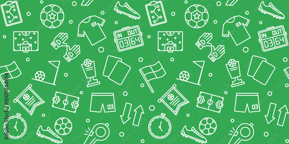 Football Soccer Game Outline Icon Pattern Background - Seamless Vector Design with Balls, Jerseys, Goals, Whistles, and Field Elements on Green Football Soccer Game Outline Icon Pattern Background - Seamless Vector Design with Balls, Jerseys, Goals, Whistles, and Field Elements on Green