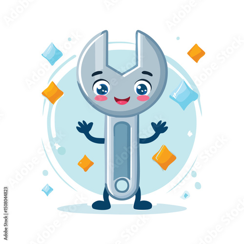 wrench in cute cartoon character style with expressive face and limbs.