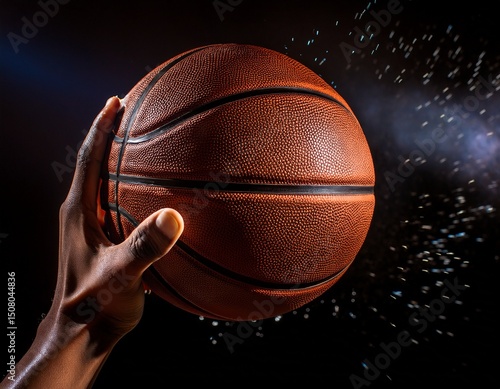 the moment basketball being caught by a hand; black background
