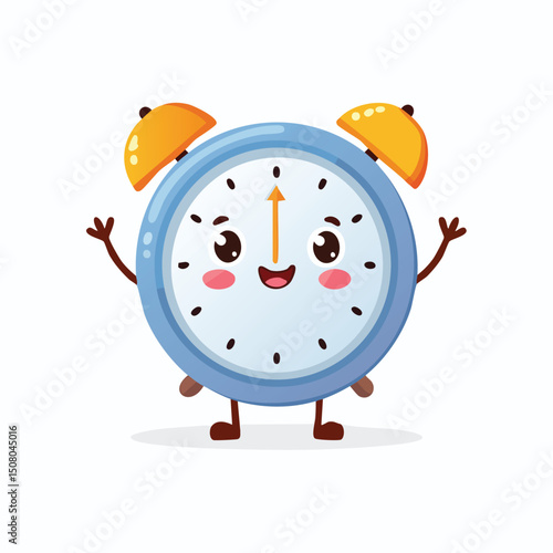 clock in cute cartoon character style with expressive face and limbs.