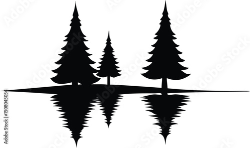 Silhouetted evergreen trees reflect crisply in mirrored water, portraying a peaceful monochrome nature scene