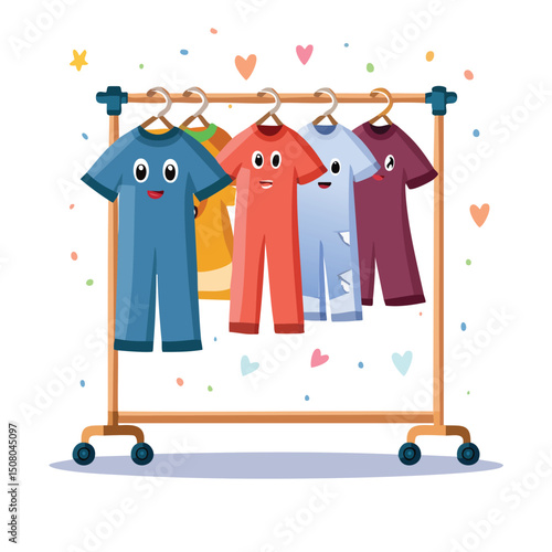 clothes rack in cute cartoon character style with expressive face and limbs.