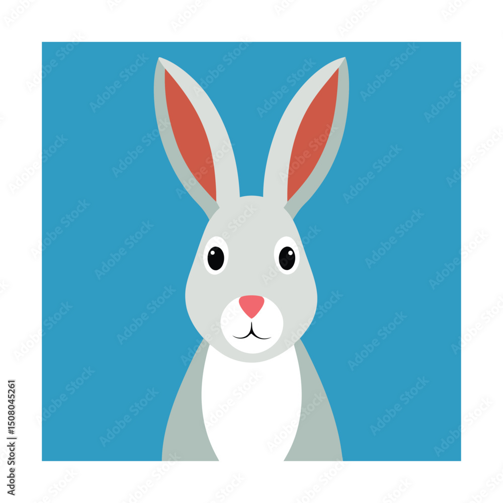 Fototapeta premium Cartoon illustration of a friendly grey bunny rabbit with big eyes against a blue background