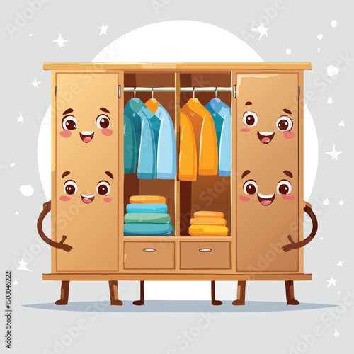 closet in cute cartoon character style with expressive face and limbs.