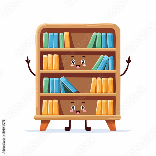 bookcase in cute cartoon character style with expressive face and limbs.