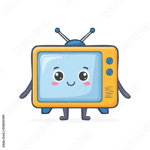 television in cute cartoon character style with expressive face and limbs.