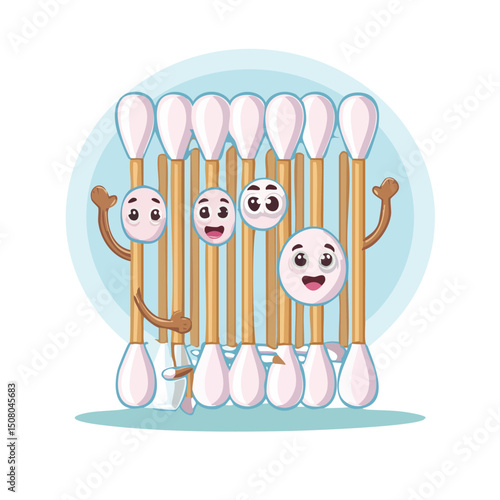 cotton swabs in cute cartoon character style with expressive face and limbs.