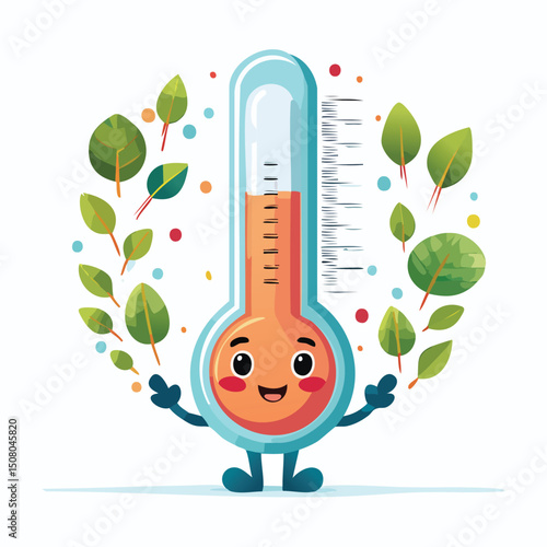thermometer in cute cartoon character style with expressive face and limbs.
