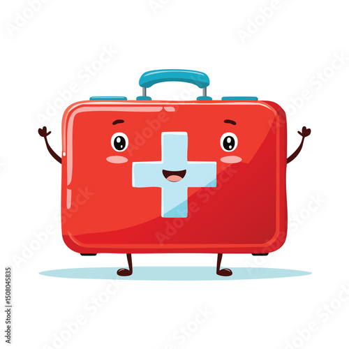 first aid kit in cute cartoon character style with expressive face and limbs.