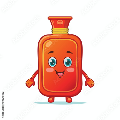 hot water bottle in cute cartoon character style with expressive face and limbs.