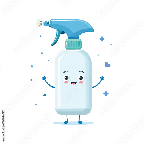 disinfectant spray in cute cartoon character style with expressive face and limbs.