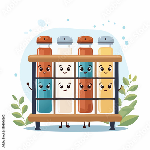spice rack in cute cartoon character style with expressive face and limbs.
