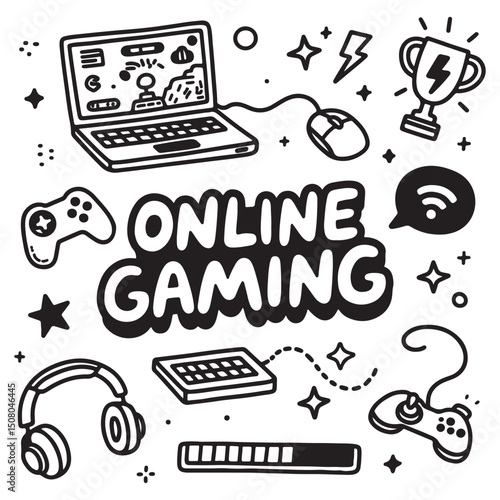 Online gaming doodle illustration with laptop, controller, headset, trophy and other elements.