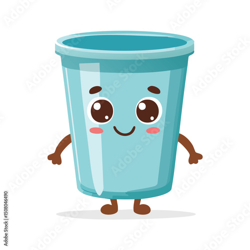 Plastic cup in cute cartoon character style with expressive face and limbs.