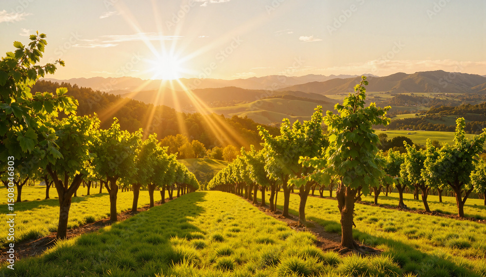 Naklejka premium Scenic vineyard landscape with sunset rays over green hills 