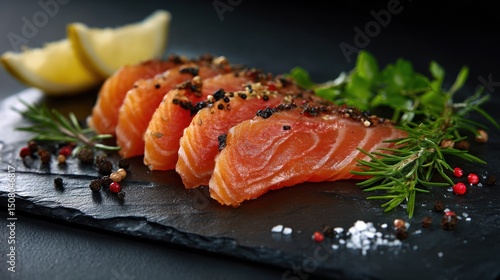 Fototapeta Naklejka Na Ścianę i Meble -  Sliced salmon with lemon herbs and spices on a dark surface.