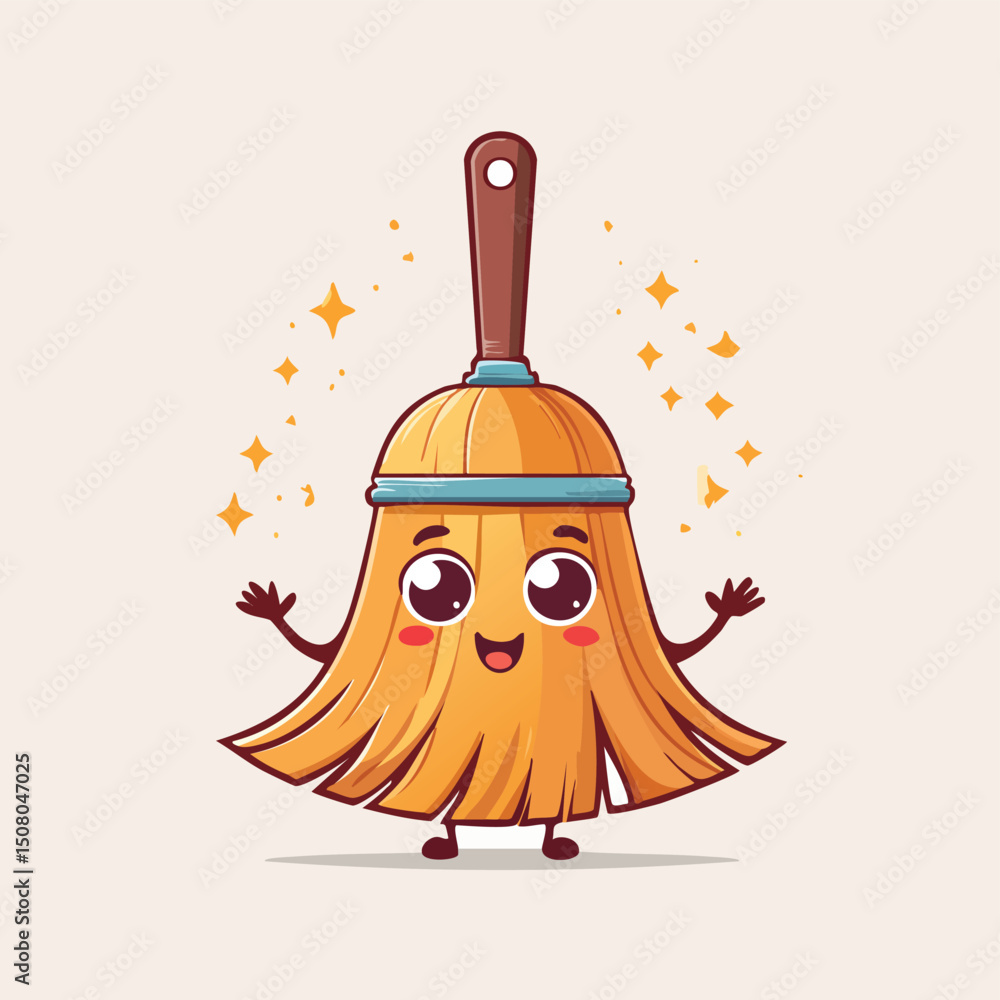 Obraz premium Hand broom in cute cartoon character style with expressive face and limbs.