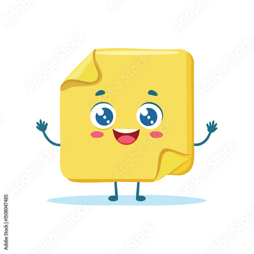 Sticky note in cute cartoon character style with expressive face and limbs.