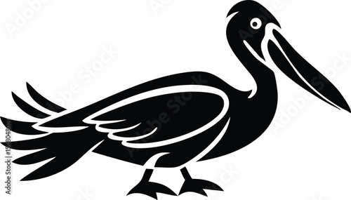 Solid black pelican stands with its long beak and distinct wing feathers depicted clearly