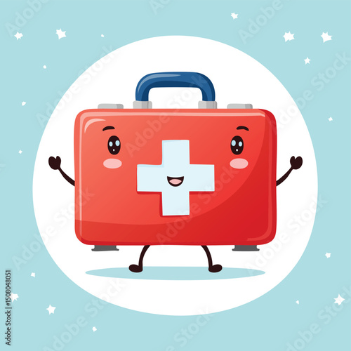 First aid box in cute cartoon character style with expressive face and limbs.