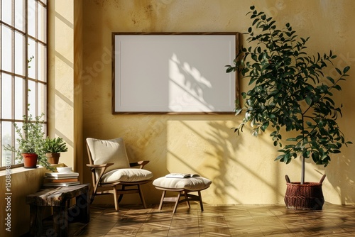 Cozy interior with a framed blank picture on a yellow wall and natural light and greenery,. Mockups frames