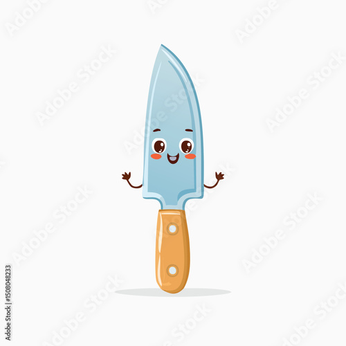 Kitchen knife in cute cartoon character style with expressive face and limbs.