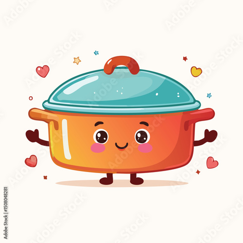 Casserole dish in cute cartoon character style with expressive face and limbs.