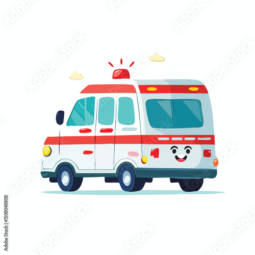 Ambulance in cute cartoon character style with expressive face and limbs.