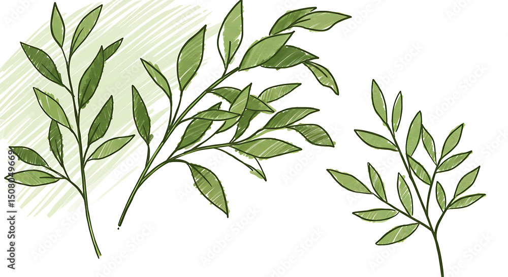 Fototapeta premium Hand Drawn Green Leaves Botanical Illustration Nature Sketches Greenery Design Elements