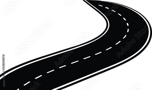 The black asphalt road with white dashed lines makes a sharp turn on white