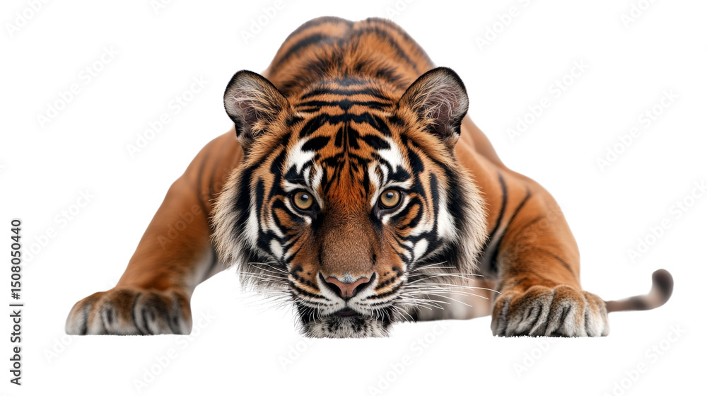 Obraz premium A fierce tiger crouched and ready to pounce, muscles tense, Transparent background, PNG file
