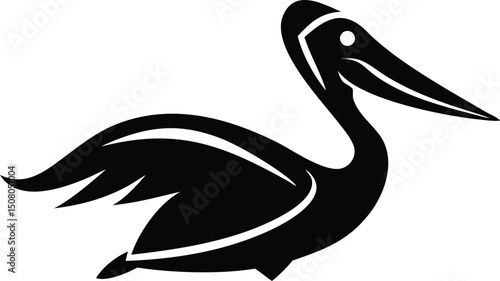 The stylized black pelican design presents a bold and simplified illustration of wildlife