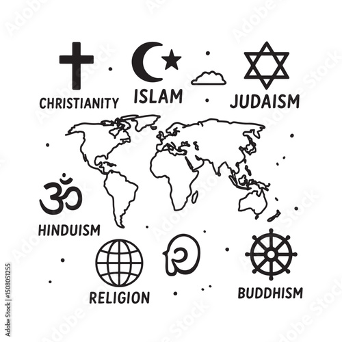 World Religions Symbols and Map Illustration