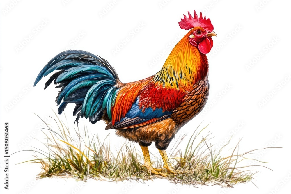 Fototapeta premium Colorful rooster standing in grass.